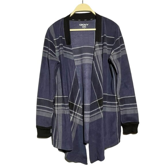 Dkny Duster Jacket Kimono Cardigan Tunic Fleece Women Size S Plaid Open Comfy - Picture 1 of 10